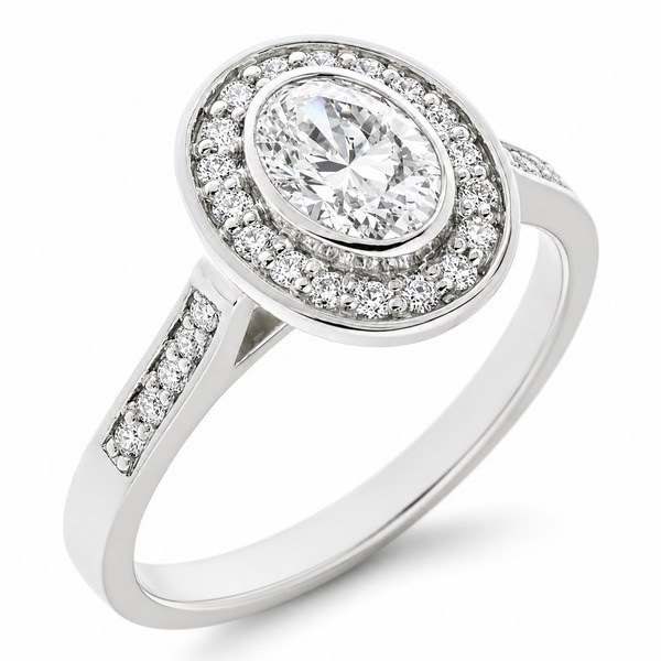 classic oval shape cut Diamond with round brilliant cut diamonds halo cluster grain set engagement ring platinum gold
