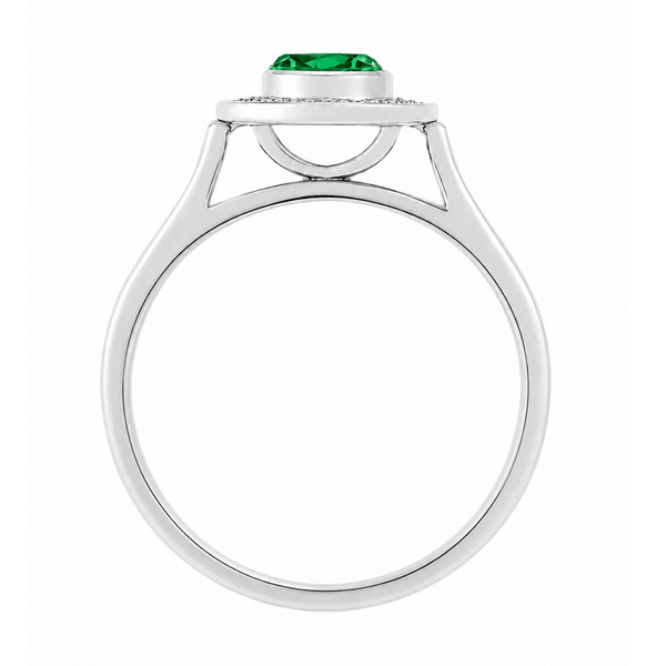 classic oval shape cut rubbed over rubover green emerald round brilliant cut diamonds halo cluster grain set engagement ring platinum gold