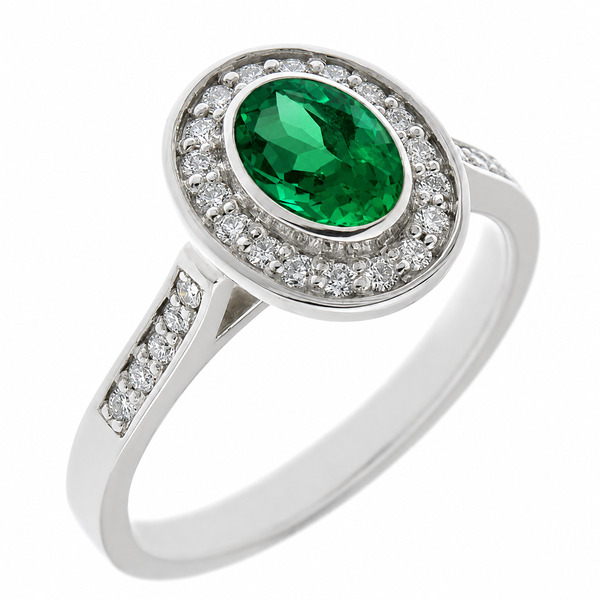 classic oval shape cut rubbed over rubover green emerald round brilliant cut diamonds halo cluster grain set engagement ring platinum gold