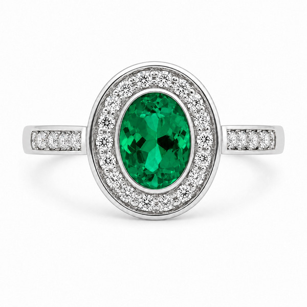 classic oval shape cut rubbed over rubover green emerald round brilliant cut diamonds halo cluster grain set engagement ring platinum gold