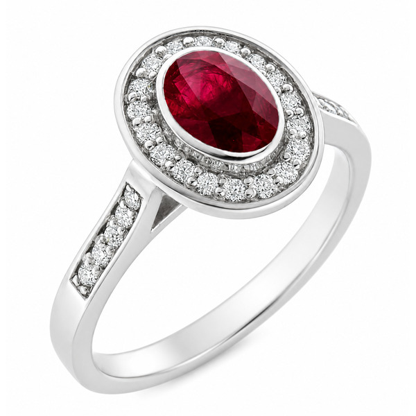 classic oval shape cut rubbed over rubover ruby round brilliant cut diamonds halo cluster grain set engagement ring platinum gold