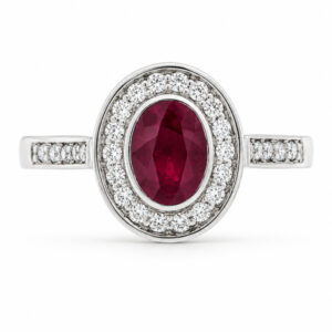 classic oval shape cut rubbed over rubover ruby round brilliant cut diamonds halo cluster grain set engagement ring platinum gold