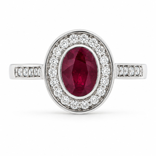classic oval shape cut rubbed over rubover ruby round brilliant cut diamonds halo cluster grain set engagement ring platinum gold