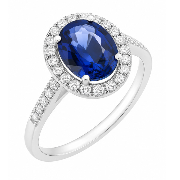 classic oval shape cut blue sapphire with round brilliant cut diamonds halo cluster claw set ring platinum gold