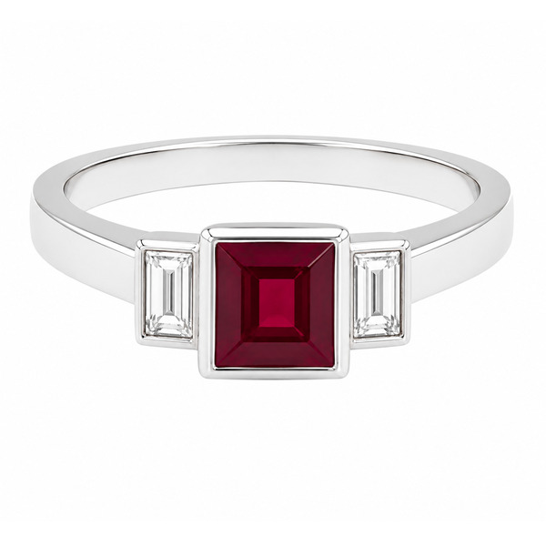 1920's Modern classic art deco style ring princess square cut Ruby step baguette cut diamonds engagement dress platinum gold