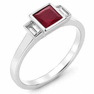 1920's Modern classic art deco style ring princess square cut Ruby step baguette cut diamonds engagement dress platinum gold