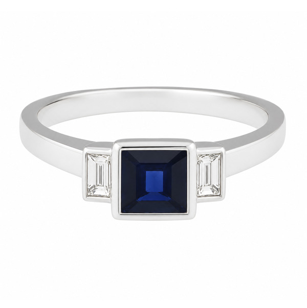 1920's Modern classic art deco style ring princess square cut blue sapphire step baguette cut diamonds engagement dress platinum gold