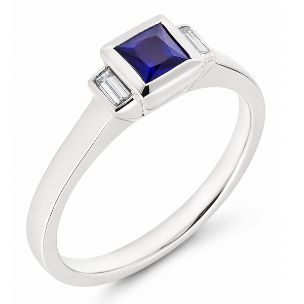 1920's Modern classic art deco style ring princess square cut blue sapphire step baguette cut diamonds engagement dress platinum gold