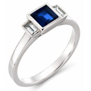 1920's Modern classic art deco style ring princess square cut blue sapphire step baguette cut diamonds engagement dress platinum gold