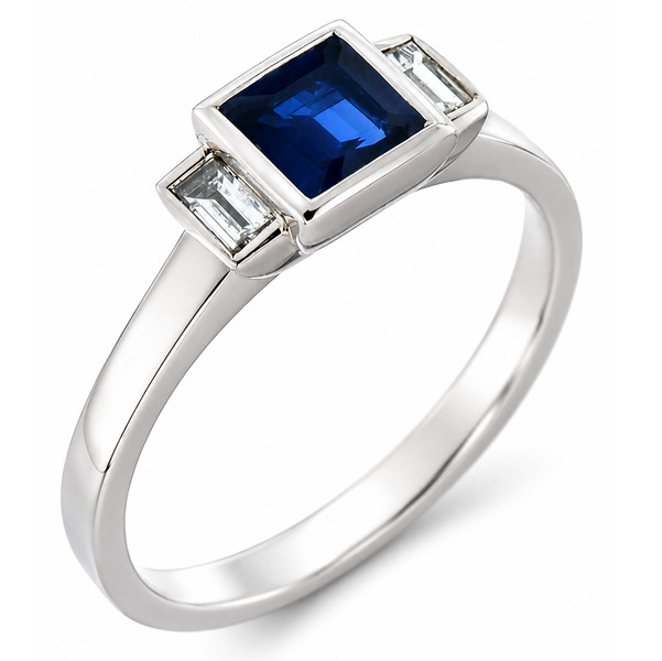 1920's Modern classic art deco style ring princess square cut blue sapphire step baguette cut diamonds engagement dress platinum gold