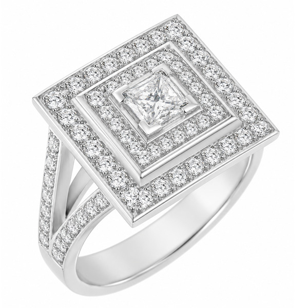 Art Deco 1920's 1930's Style Princess Cut Diamond Square Set Halo Cluster design Ring shape setting platinum gold