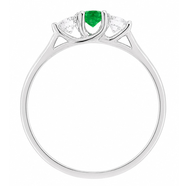 classic trilogy style ring round green emerald centre stone & two round brilliant cut diamonds claw set setting gold platinum