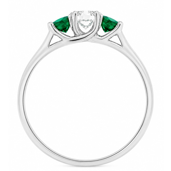 classic trilogy style ring round diamond centre stone & two green emerald side stones claw set setting gold platinum