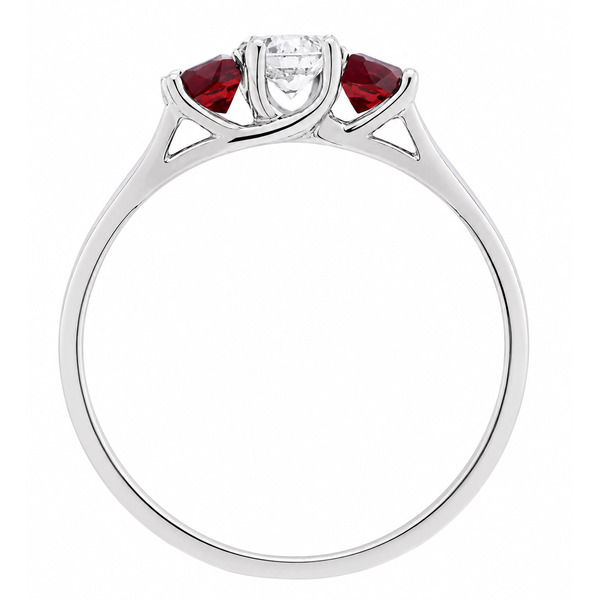classic trilogy style ring round diamond centre stone & two ruby rubies side stones claw set setting gold platinum