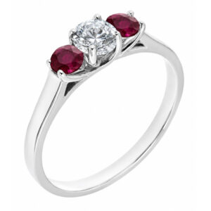 classic trilogy style ring round diamond centre stone & two ruby rubies side stones claw set setting gold platinum