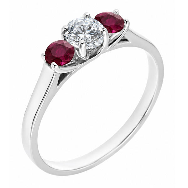 classic trilogy style ring round diamond centre stone & two ruby rubies side stones claw set setting gold platinum