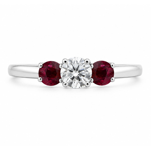 classic trilogy style ring round diamond centre stone & two ruby rubies side stones claw set setting gold platinum
