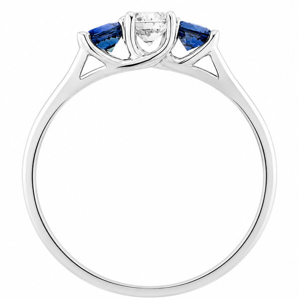 classic trilogy style ring round diamond centre stone & two blue sapphire side stones claw set setting gold platinum