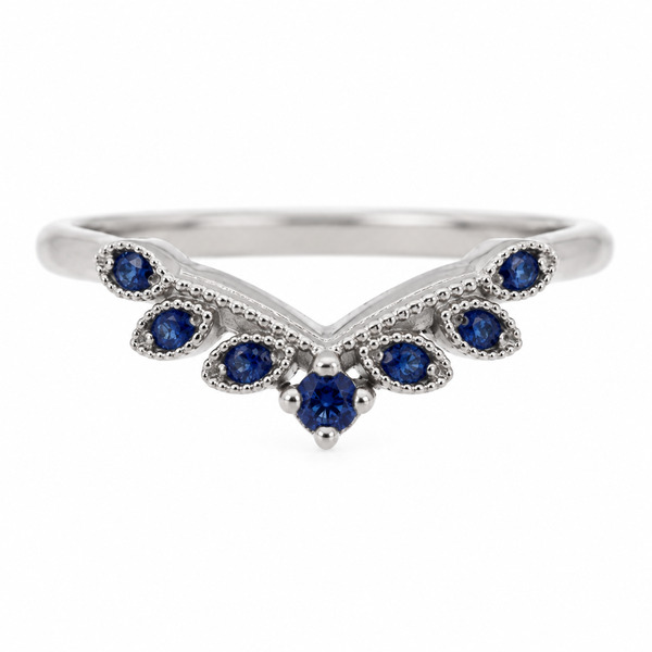 A vintage style wishbone shaped floral petal eternity ring set Round blue sapphire millgrain design Platinum Gold