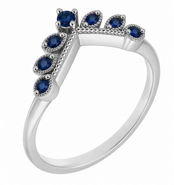 A vintage style wishbone shaped floral petal eternity ring set Round blue sapphire millgrain design Platinum Gold