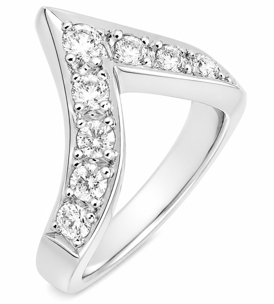 large deep wishbone shaped ring grain set round brilliant cut diamonds designer fit next to around engagement platinum gold