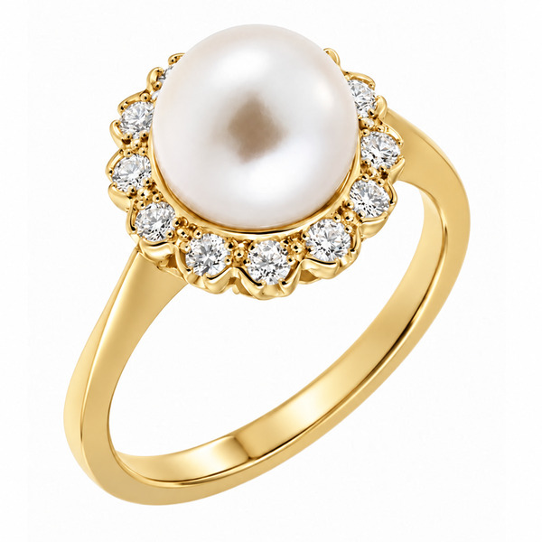 Classic pearl diamond cluster ring with round freshwater cultured pearl surrounded halo round brilliant cut diamonds platinum gold