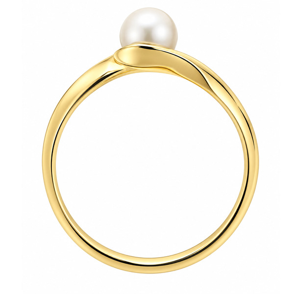 A modern crossover style ring with a solitaire round freshwater cultured pearl platinum gold