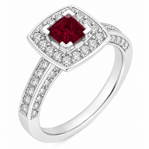 vintage art deco style square Ruby & round cut diamond halo style cluster ring cushion shape setting platinum gold