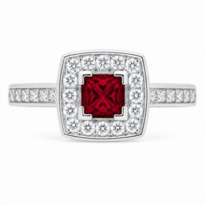vintage art deco style square Ruby & round cut diamond halo style cluster ring cushion shape setting platinum gold