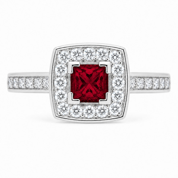 vintage art deco style square Ruby & round cut diamond halo style cluster ring cushion shape setting platinum gold