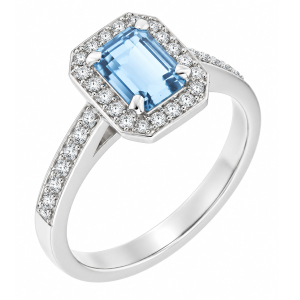 classic Art Deco style cluster ring with emerald cut centre Aqua aquamarine claw setting grain set round brilliant cut diamonds set shoulders halo surround platinum gold