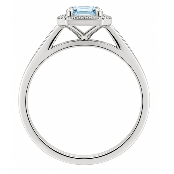 classic Art Deco style cluster ring with emerald cut centre Aqua aquamarine claw setting grain set round brilliant cut diamonds set shoulders halo surround platinum gold