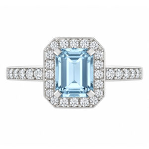 classic Art Deco style cluster ring with emerald cut centre Aqua aquamarine claw setting grain set round brilliant cut diamonds set shoulders halo surround platinum gold