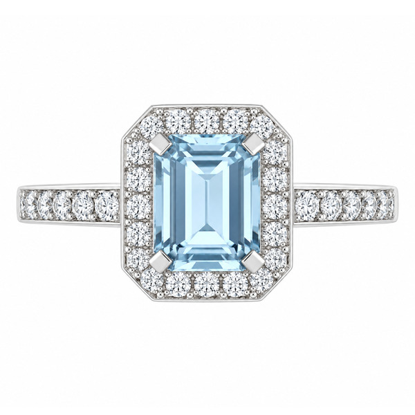 classic Art Deco style cluster ring with emerald cut centre Aqua aquamarine claw setting grain set round brilliant cut diamonds set shoulders halo surround platinum gold