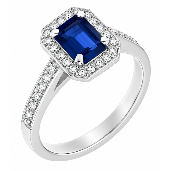 classic Art Deco style cluster ring with emerald cut centre Blue Sapphire claw setting grain set round brilliant cut diamonds set shoulders halo surround platinum gold