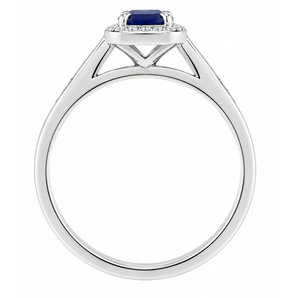 classic Art Deco style cluster ring with emerald cut centre Blue Sapphire claw setting grain set round brilliant cut diamonds set shoulders halo surround platinum gold