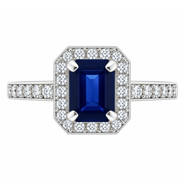 classic Art Deco style cluster ring with emerald cut centre Blue Sapphire claw setting grain set round brilliant cut diamonds set shoulders halo surround platinum gold