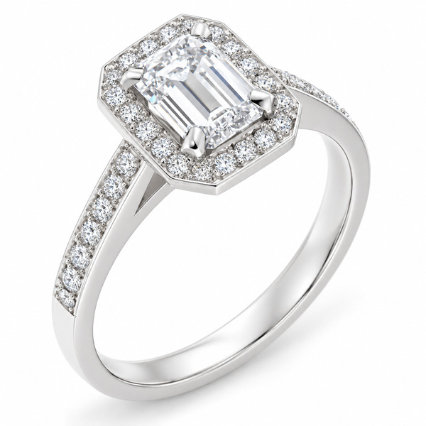 classic Art Deco style cluster ring with emerald cut centre diamond claw setting grain set round brilliant cut diamonds set shoulders halo surround platinum gold
