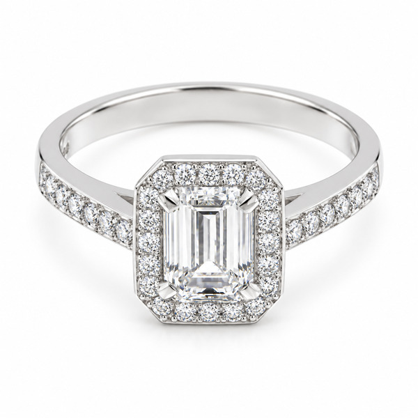 classic Art Deco style cluster ring with emerald cut centre diamond claw setting grain set round brilliant cut diamonds set shoulders halo surround platinum gold