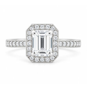 classic Art Deco style cluster ring with emerald cut centre diamond claw setting grain set round brilliant cut diamonds set shoulders halo surround platinum gold