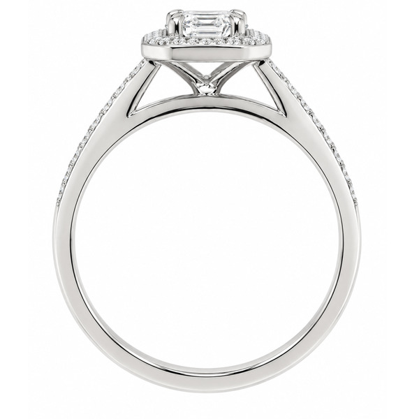 classic Art Deco style cluster ring with emerald cut centre diamond claw setting grain set round brilliant cut diamonds set shoulders halo surround platinum gold