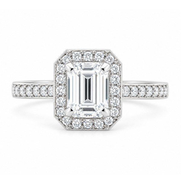classic Art Deco style cluster ring with emerald cut centre diamond claw setting grain set round brilliant cut diamonds set shoulders halo surround platinum gold