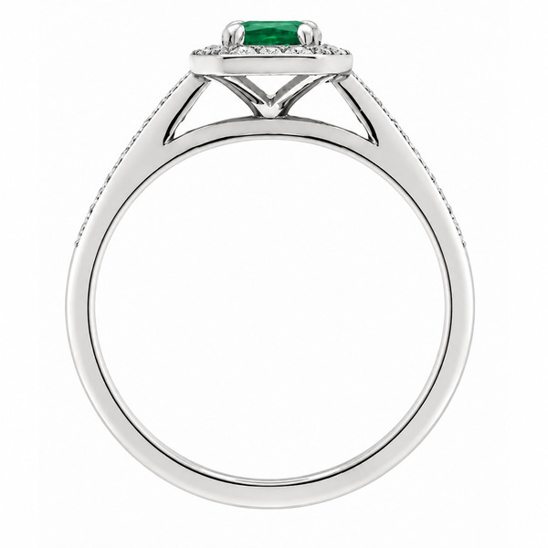 classic Art Deco style cluster ring with emerald cut centre Green Emerald claw setting grain set round brilliant cut diamonds set shoulders halo surround platinum gold