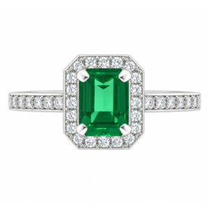 classic Art Deco style cluster ring with emerald cut centre Green Emerald claw setting grain set round brilliant cut diamonds set shoulders halo surround platinum gold