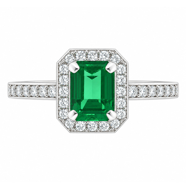 classic Art Deco style cluster ring with emerald cut centre Green Emerald claw setting grain set round brilliant cut diamonds set shoulders halo surround platinum gold