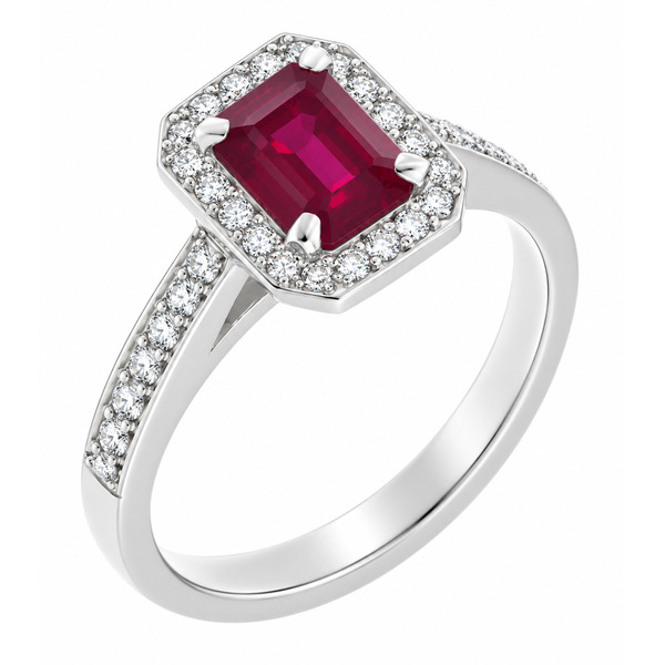 classic Art Deco style cluster ring with emerald cut centre Ruby claw setting grain set round brilliant cut diamonds set shoulders halo surround platinum gold