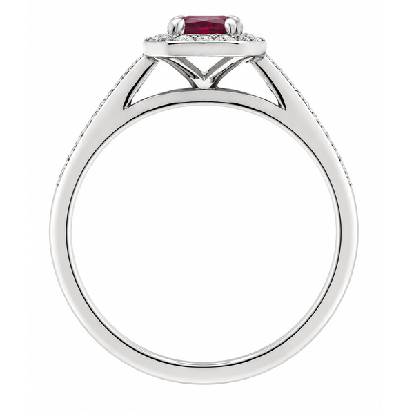 classic Art Deco style cluster ring with emerald cut centre Ruby claw setting grain set round brilliant cut diamonds set shoulders halo surround platinum gold