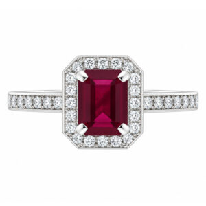 classic Art Deco style cluster ring with emerald cut centre Ruby claw setting grain set round brilliant cut diamonds set shoulders halo surround platinum gold
