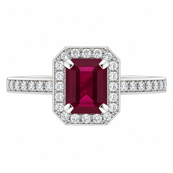 classic Art Deco style cluster ring with emerald cut centre Ruby claw setting grain set round brilliant cut diamonds set shoulders halo surround platinum gold