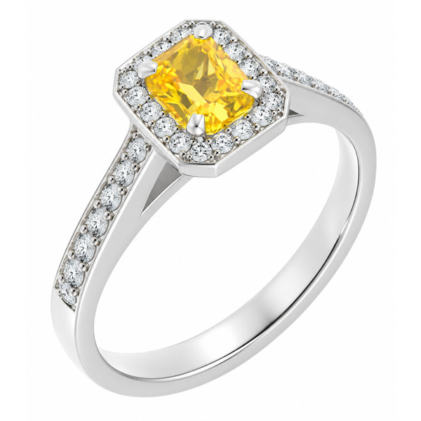classic Art Deco style cluster ring with emerald cut centre Yellow Sapphire claw setting grain set round brilliant cut diamonds set shoulders halo surround platinum gold